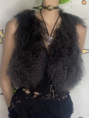 Charcoal Gray Faux Fur Mongolian Vest~Y2K Boho Grunge Festival~Size Small